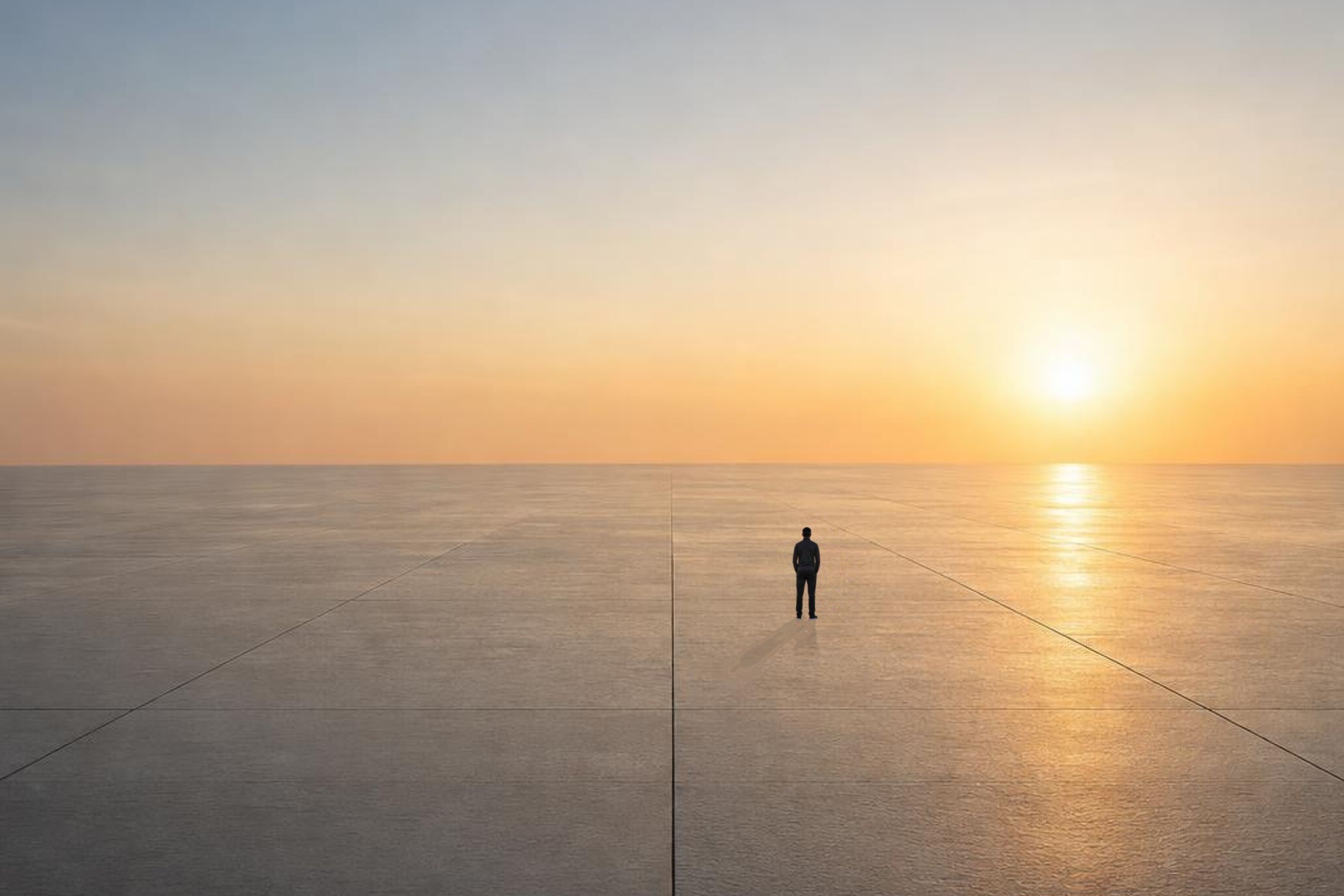 A lone figure standing on a vast minimal stone plaza at dawn